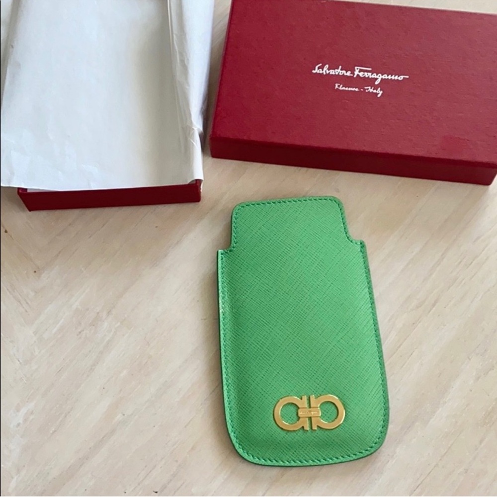 Salvatore Ferragamo Green Saffiano Leather Pouch with Gold Gancini